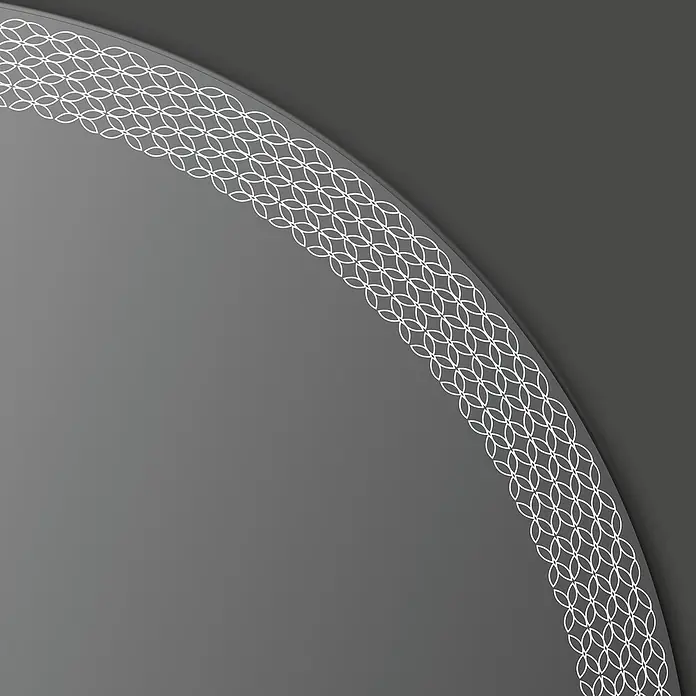 Espejo con luz Netz - Diámetro: 80 cm, Blanco neutro - Elemento de diseño gris curvado con acabado brillante y patrón geométrico blanco entrelazado sobre un área gris más oscura.