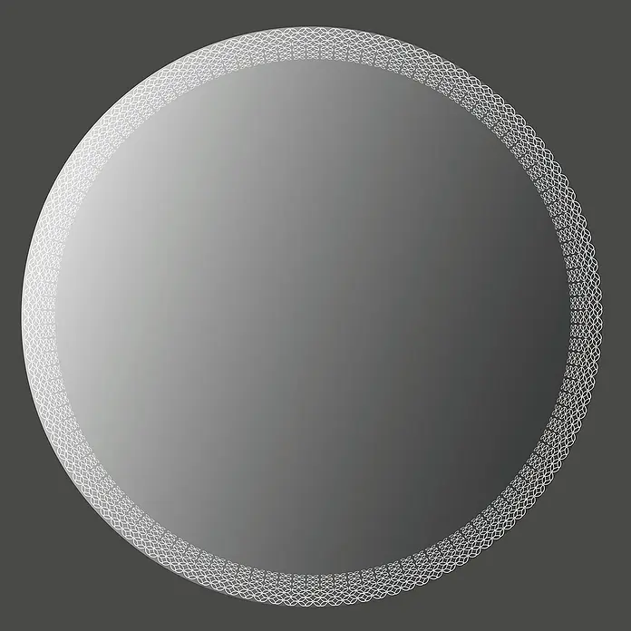 Espejo con luz Netz - Diámetro: 80 cm, Blanco neutro - Disco circular con degradado gris y borde de patrón geométrico blanco.
