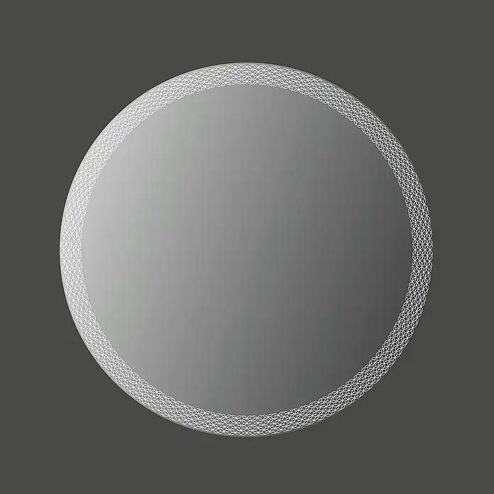 Espejo con luz Netz - Diámetro: 60 cm, Blanco neutro - Disco redondo gris con acabado degradado y un delicado borde de patrón geométrico blanco.