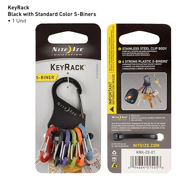 Nite Ize Mosquetón KeyRack - L x An: 12 x 2 mm - Organizador de llaves KeyRack negro con 6 S-Biners de colores estándar. Un llavero práctico para el uso diario.