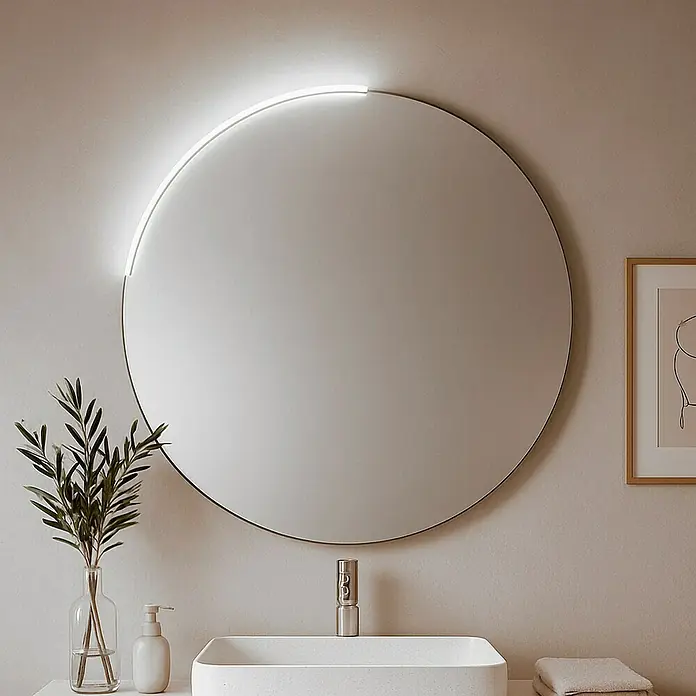Espejo con luz Halo - Diámetro: 80 cm, Negro - Espejo redondo iluminado en un baño moderno sobre un lavabo con grifo.