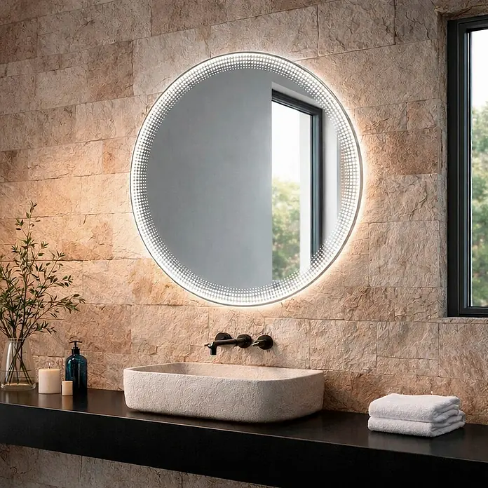 Espejo con luz Dot - Diámetro: 80 cm, Blanco - Espejo de baño redondo con iluminación LED montado en una pared de piedra sobre un lavabo rectangular.