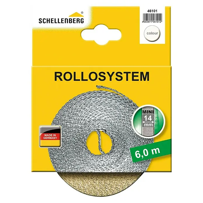 Schellenberg Cinta para persiana - Beige, Largo: 6 m, Anchura de la correa: 14 mm - Embalaje del producto: sistema de persiana enrollable Schellenberg Mini 14mm, rollo de 6,0m, fabricado en Alemania.