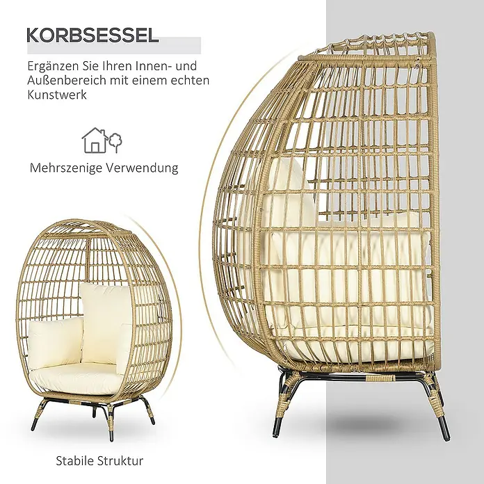 Outsunny Garten-Loungesessel mit Auflagen - Khaki, Beige, PE-Rattan