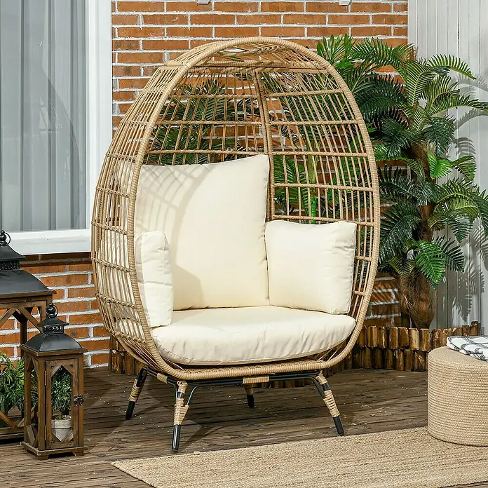 Outsunny Garten-Loungesessel mit Auflagen - Khaki, Beige, PE-Rattan