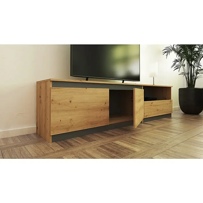 Meka Block Conjunto mueble de salón K-502 - Gris París/Roble Albar, 2 pzs. - Mueble TV moderno de madera con detalles grises, puertas semiabiertas que muestran almacenamiento, con televisor.