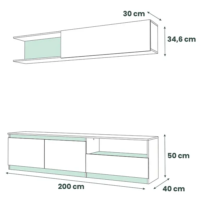 Meka Block Conjunto mueble de salón K-502 - Gris París/Roble Albar, 2 pzs. - Conjunto de muebles modernos blancos y verde claro: un armario de pared y un mueble de TV/aparador independiente.