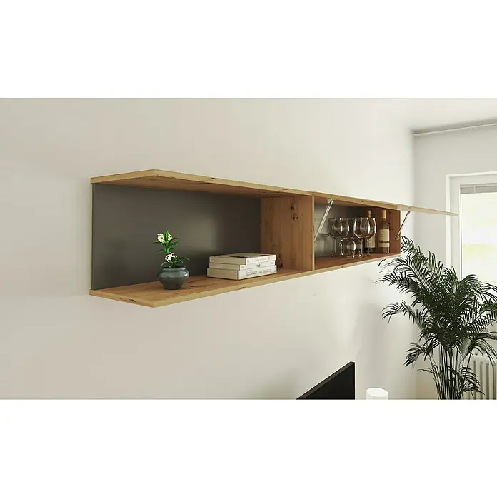 Meka Block Conjunto mueble de salón K-502 - Gris París/Roble Albar, 2 pzs. - Estante de pared de madera clara con fondo gris oscuro, con compartimentos abiertos y una puerta elevable para almacenamiento versátil.