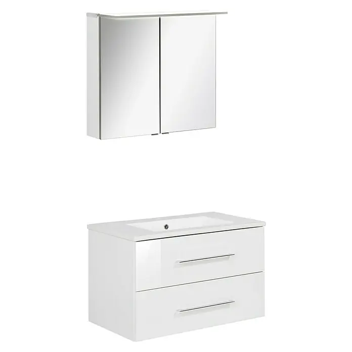 Fackelmann B.perfekt Badmöbel-Set - Gesamtbreite Badmöbel: 82 cm, Weiß, Hochglänzend, Komplettset aus Waschtischunterschrank, Waschtisch und Spiegelschrank - Weißer Badezimmerschrank mit zwei Schubladen und integriertem Waschbecken, dazu ein passender Spiegelschrank.