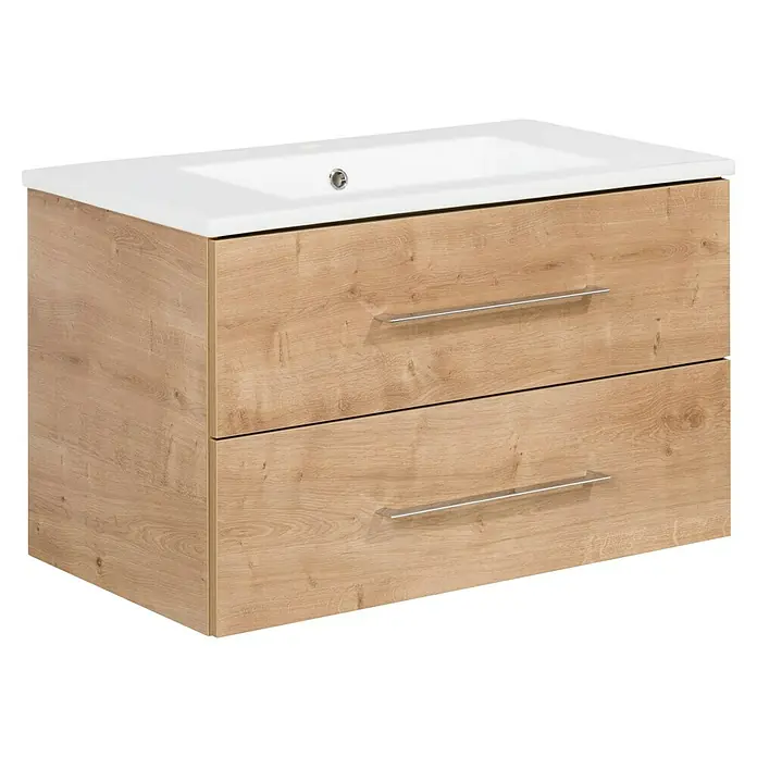 Fackelmann B.perfekt Badmöbel-Set - Gesamtbreite Badmöbel: 82 cm, Braun Hell, Matt, Komplettset aus Waschtischunterschrank, Waschtisch und Spiegelschrank - Waschtischunterschrank mit weißem Keramikbecken und hellem Holzdekor-Korpus mit zwei Schubladen und Chromgriffen.