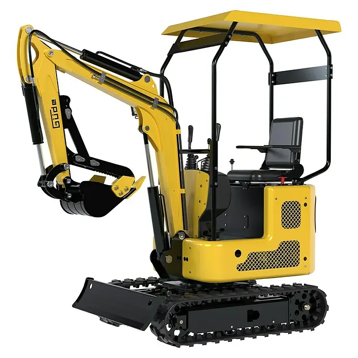 Güde Minibagger GMB 860B - Gelb, Benzin, L x B x H: 2.820 x 820 x 2.125 mm - Gelber und schwarzer kompakter Minibagger mit Grablöffel und Gummiketten.