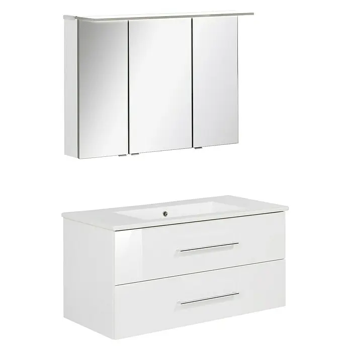 Fackelmann B.perfekt Badmöbel-Set - Gesamtbreite Badmöbel: 103 cm, Weiß, Hochglänzend, Komplettset aus Waschtischunterschrank, Waschtisch und Spiegelschrank - Weißes Hochglanz-Badmöbelset mit dreitürigem Wandschrank (zwei verspiegelt) und Waschtischunterschrank mit zwei Schubladen.