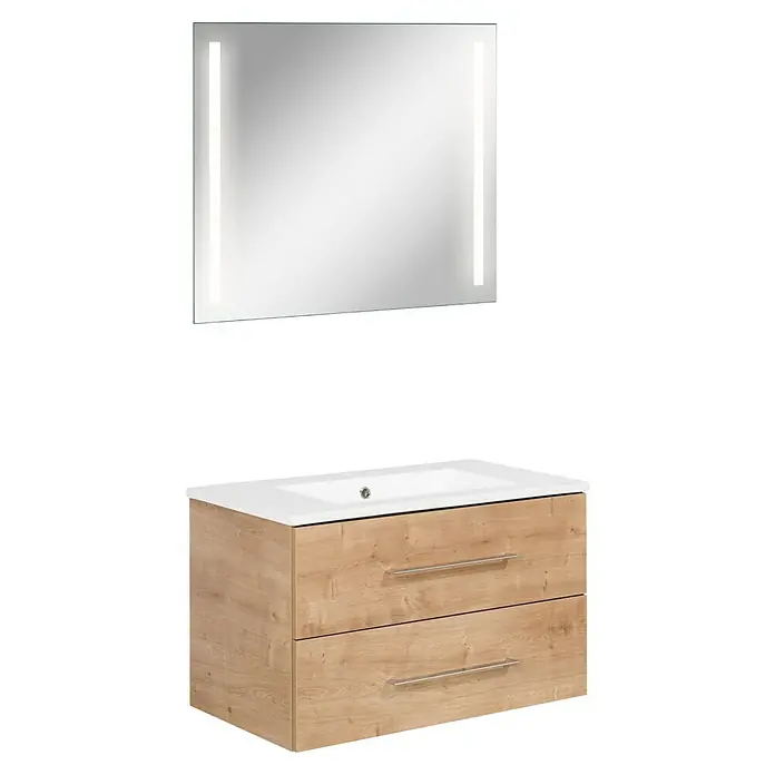 Fackelmann B.perfekt Badmöbel-Set - Gesamtbreite Badmöbel: 82 cm, Braun Hell, Matt, Komplettset aus Waschtischunterschrank, Waschtisch und LED-Spiegel - Helles Holz Badmöbel mit weißem Waschbecken und rechteckigem LED-beleuchtetem Spiegel.