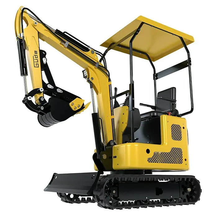 Güde Minibagger GMB 860B - Gelb, Benzin, L x B x H: 2.820 x 820 x 2.125 mm - Gelber und schwarzer Minibagger mit Ketten, Hydraulikarm, Schaufel und Überdachung.
