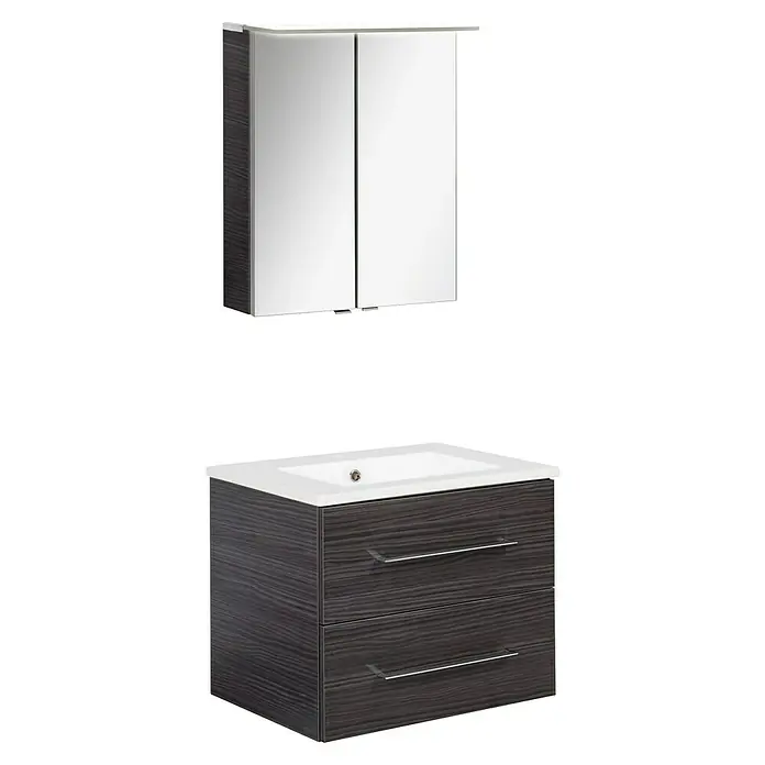 Fackelmann B.perfekt Badmöbel-Set - Gesamtbreite Badmöbel: 62 cm, Darkoak, Matt, Komplettset aus Waschtischunterschrank, Waschtisch und Spiegelschrank - Badmöbel-Set aus dunklem Holz mit weißem Keramikwaschbecken und passendem Spiegelschrank mit zwei Türen.