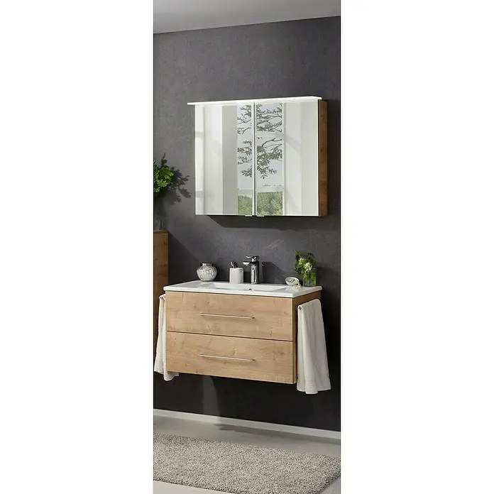 Fackelmann B.perfekt Badmöbel-Set - Gesamtbreite Badmöbel: 82 cm, Braun Hell, Matt, Komplettset aus Waschtischunterschrank, Waschtisch und Spiegelschrank - Badmöbel-Set aus hellem Holz mit weißem Waschbecken und Spiegelschrank mit integrierter Beleuchtung.