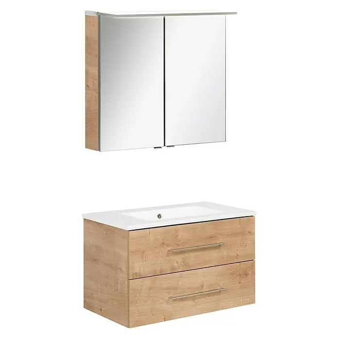 Fackelmann B.perfekt Badmöbel-Set - Gesamtbreite Badmöbel: 82 cm, Braun Hell, Matt, Komplettset aus Waschtischunterschrank, Waschtisch und Spiegelschrank - Badezimmermöbel aus heller Eiche mit weißem Waschbecken und Spiegelschrank.