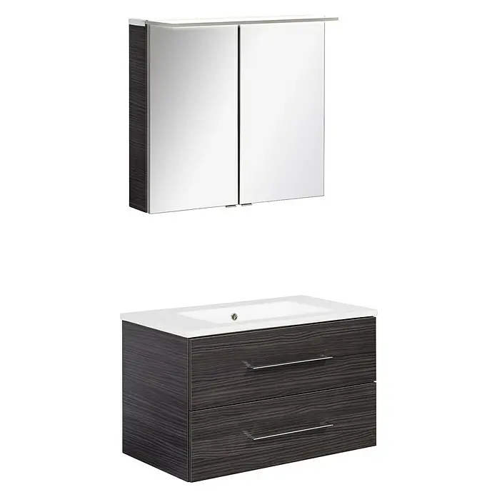 Fackelmann B.perfekt Badmöbel-Set - Gesamtbreite Badmöbel: 82 cm, Darkoak, Matt, Komplettset aus Waschtischunterschrank, Waschtisch und Spiegelschrank - Badezimmer-Waschtischset aus dunklem Holz mit Spiegelschrank und Waschtischunterschrank mit zwei Schubladen.