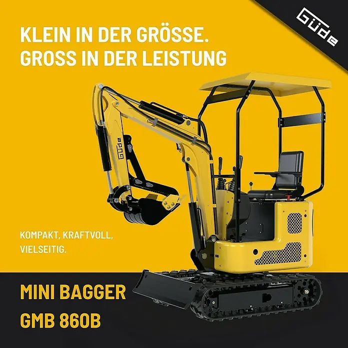 Güde Minibagger GMB 860B - Gelb, Benzin, L x B x H: 2.820 x 820 x 2.125 mm - Gelber und schwarzer Güde Minibagger GMB 860B. Kompakt, kraftvoll und vielseitig, klein in der Größe, groß in der Leistung.