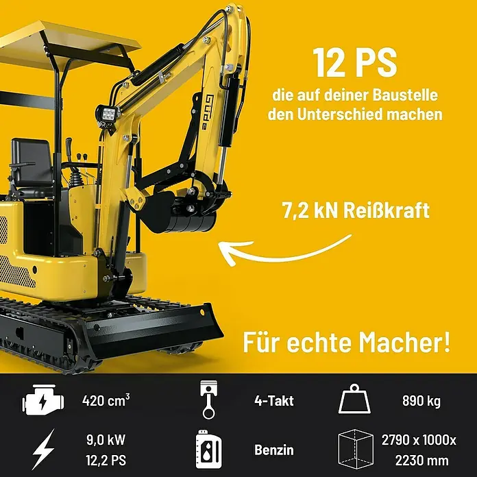 Güde Minibagger GMB 860B - Gelb, Benzin, L x B x H: 2.820 x 820 x 2.125 mm - Gelber und schwarzer Minibagger mit Ketten, Ausleger und Schaufel für Erdarbeiten und Bauaufgaben.