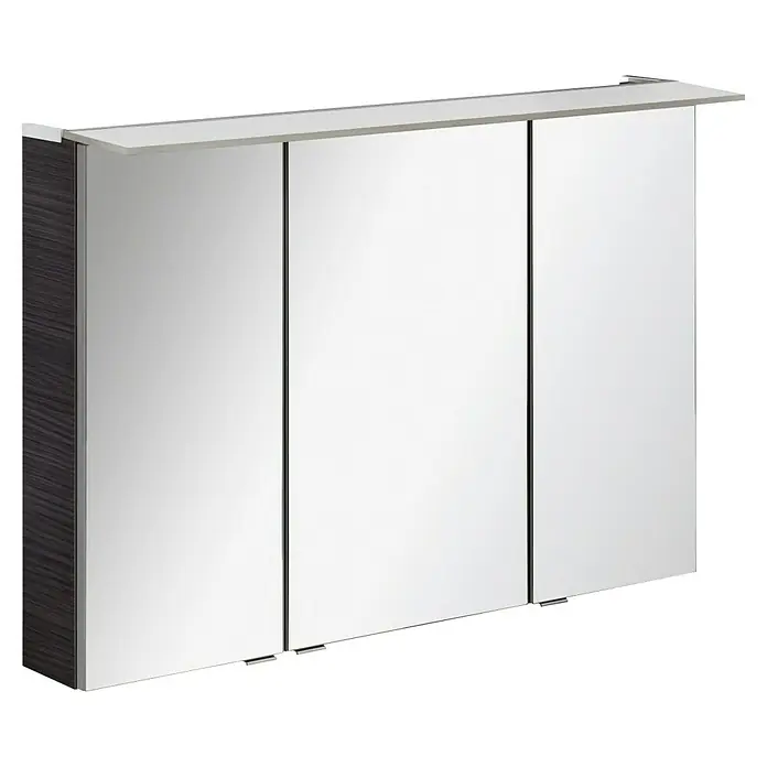 Fackelmann B.perfekt Badmöbel-Set - Gesamtbreite Badmöbel: 103 cm, Darkoak, Matt, Komplettset aus Waschtischunterschrank, Waschtisch und Spiegelschrank - Dreitüriger Spiegelschrank mit dunkler Holzmaserung und heller Ablagefläche oben.