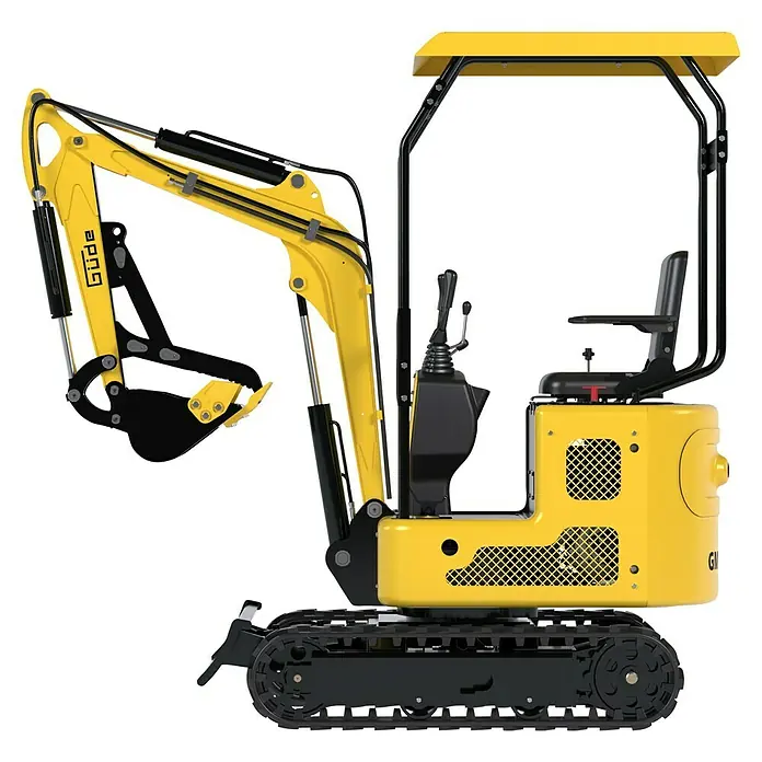 Güde Minibagger GMB 860B - Gelb, Benzin, L x B x H: 2.820 x 820 x 2.125 mm - Gelber und schwarzer Kompaktbagger mit Ketten, Kabinendach und einem beweglichen Grabarm.