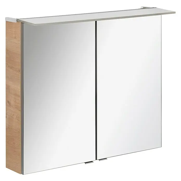 Fackelmann B.perfekt Badmöbel-Set - Gesamtbreite Badmöbel: 82 cm, Braun Hell, Matt, Komplettset aus Waschtischunterschrank, Waschtisch und Spiegelschrank - Badezimmerspiegelschrank mit zwei Spiegeltüren, weißer Ablage und hellen Holzseitenwänden.