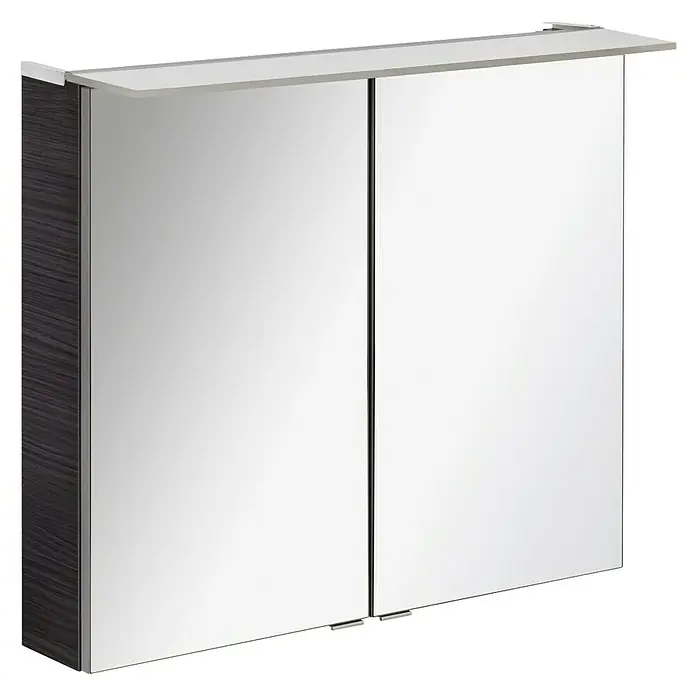 Fackelmann B.perfekt Badmöbel-Set - Gesamtbreite Badmöbel: 82 cm, Darkoak, Matt, Komplettset aus Waschtischunterschrank, Waschtisch und Spiegelschrank - Zweitüriger Spiegelschrank mit dunklen Holzmaserungsseiten und einer weißen oberen Ablage.