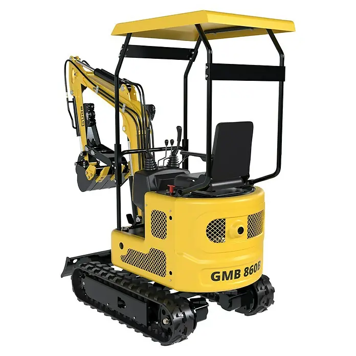 Güde Minibagger GMB 860B - Gelb, Benzin, L x B x H: 2.820 x 820 x 2.125 mm - Gelber und schwarzer GMB 860B Minibagger mit Ketten, Schaufel, Sitz und Schutzdach.