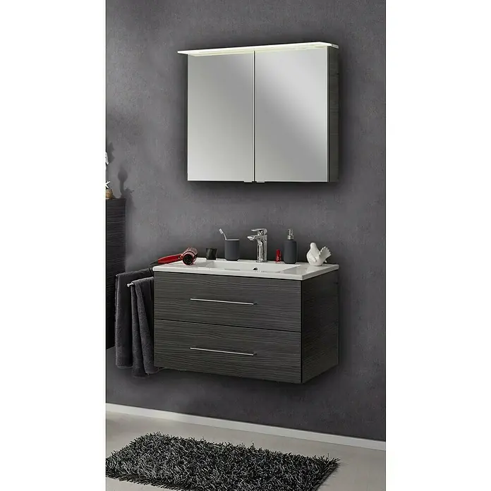 Fackelmann B.perfekt Badmöbel-Set - Gesamtbreite Badmöbel: 82 cm, Darkoak, Matt, Komplettset aus Waschtischunterschrank, Waschtisch und Spiegelschrank - Moderner anthrazitfarbener Badunterschrank mit Waschbecken und beleuchtetem Spiegelschrank im Badezimmer.