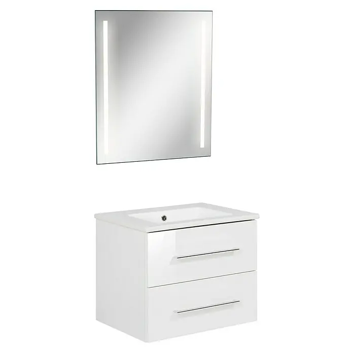 Fackelmann B.perfekt Badmöbel-Set - Gesamtbreite Badmöbel: 62 cm, Weiß, Hochglänzend, Komplettset aus Waschtischunterschrank, Waschtisch und LED-Spiegel - Weißer glänzender Badschrank mit Waschbecken und zwei Schubladen, dazu ein rechteckiger Spiegel mit vertikalen LED-Leuchten.