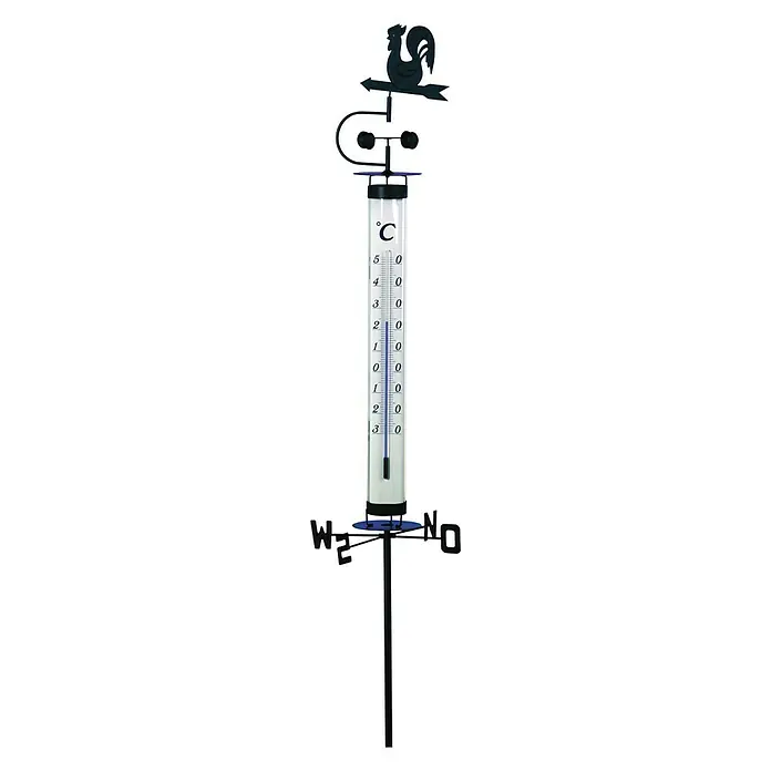 TFA Dostmann Gartenthermometer - Analog, L x B x H: 27,2 x 27,6 x 138 cm, Schwarz - Ein Wetterthermometer mit Windrichtungsanzeiger im Garten. Das Thermometer zeigt die Temperatur in Grad Celsius an.