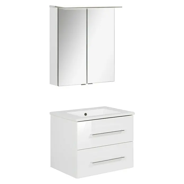Fackelmann B.perfekt Badmöbel-Set - Gesamtbreite Badmöbel: 62 cm, Weiß, Hochglänzend, Komplettset aus Waschtischunterschrank, Waschtisch und Spiegelschrank - Weißer Badschrank mit Keramikwaschbecken und darüberliegendem Spiegelschrank.