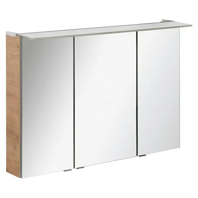 Fackelmann B.perfekt Badmöbel-Set - Gesamtbreite Badmöbel: 103 cm, Braun Hell, Matt, Komplettset aus Waschtischunterschrank, Waschtisch und Spiegelschrank - Dreitüriger Spiegelschrank fürs Bad mit heller Holzseitenwand und integrierter LED-Beleuchtungsablage.
