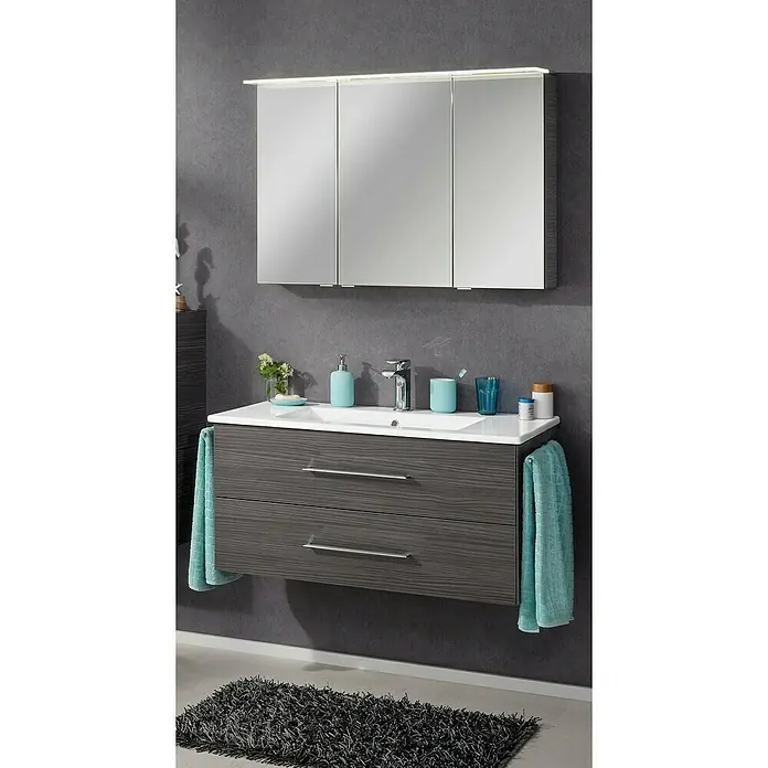 Fackelmann B.perfekt Badmöbel-Set - Gesamtbreite Badmöbel: 103 cm, Darkoak, Matt, Komplettset aus Waschtischunterschrank, Waschtisch und Spiegelschrank - Modernes dunkelgraues Badmöbel-Set mit Waschtischunterschrank und dreitürigem Spiegelschrank mit LED-Beleuchtung.