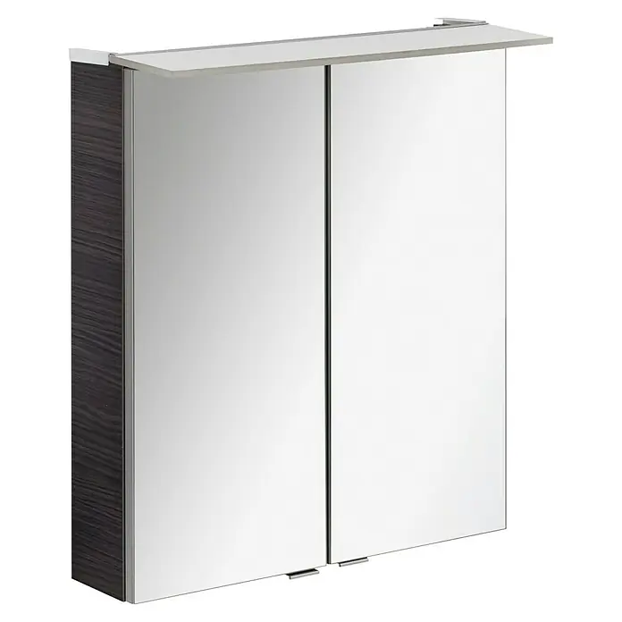 Fackelmann B.perfekt Badmöbel-Set - Gesamtbreite Badmöbel: 62 cm, Darkoak, Matt, Komplettset aus Waschtischunterschrank, Waschtisch und Spiegelschrank - Badspiegel-Schrank mit zwei Spiegeltüren, einer dunklen Holzoptik-Seitenwand und einer weißen oberen Ablage.