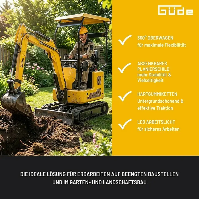 Güde Minibagger GMB 860B - Gelb, Benzin, L x B x H: 2.820 x 820 x 2.125 mm - Gelber Minibagger, von einem Mann im Garten bedient, gräbt Erde, ideal für enge Baustellen und Gartenbau.