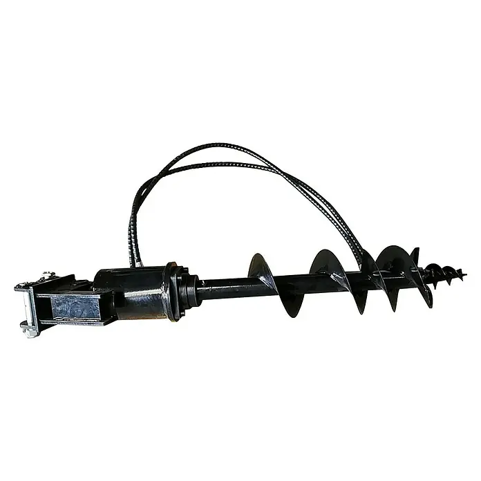 Güde Erdbohrer - Mit Hydraulik, Passend für: Güde Minibagger GMB 860B - Schwarzer Hydraulik-Erdbohreraufsatz mit Spiralbohrer und Schläuchen.