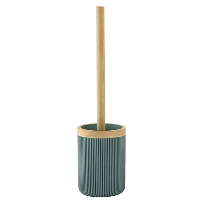 Camargue WC-Bürstengarnitur Ocean Wood - Harz, Blau/Bamboo - Grau gerippter Toilettenbürstenhalter mit Holzgriff und Rand.