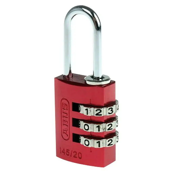 Abus Candado con combinación 145/20 - An x L: 22,5 x 82,5 mm, Aluminio, Número de dígitos en combinación: 3 ud., Rojo - Un candado de combinación rojo ABUS 145/20 con un código de tres dígitos, perfecto para asegurar equipaje y taquillas con protección confiable.