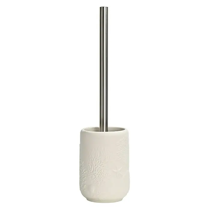 Camargue WC-Bürstengarnitur Unterwasserwelt - Weiß, Rund, Ø x H: 9 x 35 cm - Weißer Keramik-Toilettenbürstenhalter mit geprägtem Korallen- und Seesternmotiv und Edelstahlgriff.