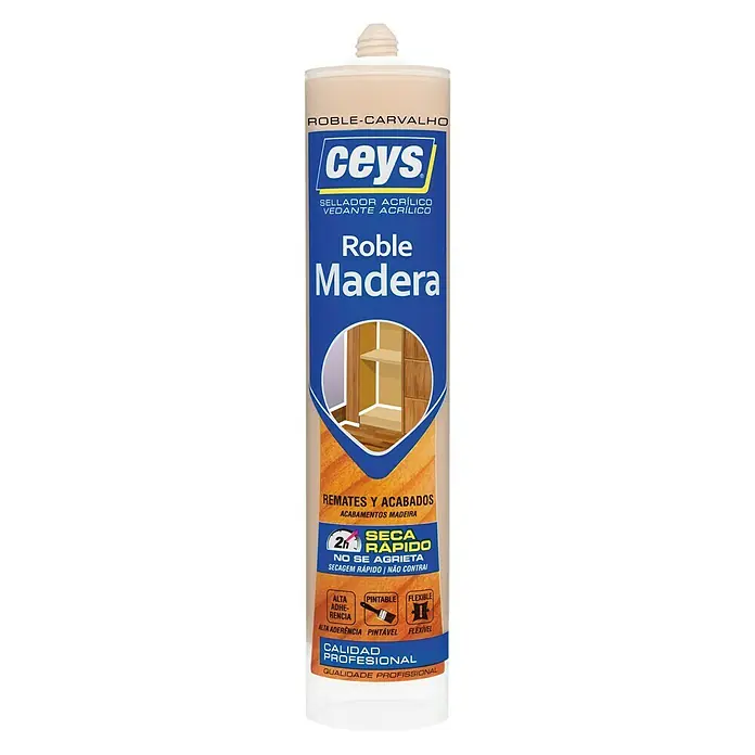 Ceys Cola blanca acrílico - Cartucho - Sellador acrílico CEYS color roble madera, ideal para reparaciones y acabados de madera profesionales. Secado rápido y flexible.