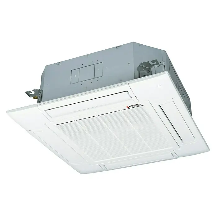 Mitsubishi Smart Aire acondicionado cassette FDT125VHNP-W - 12,1 kW, 12,1 kW, Tamaño de la estancia: 100 m² - 140 m², Blanco - Aire acondicionado tipo cassette de techo blanco con rejillas, diseñado para instalación empotrada. Carcasa metálica gris visible arriba.