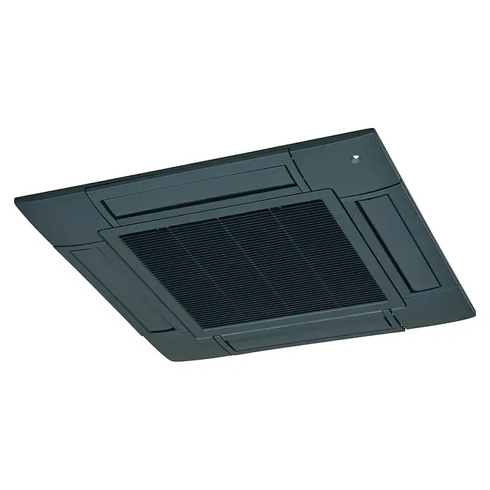 Mitsubishi Smart Aire acondicionado cassette FDT125VHNP-W - 12,1 kW, 12,1 kW, Tamaño de la estancia: 100 m² - 140 m², Negro - Unidad interior de aire acondicionado de cassette de techo gris oscuro con rejilla central y salidas de aire.