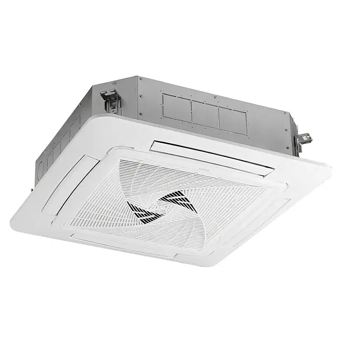 Haier Aire acondicionado cassette AB125S2SR1FA - 12,3 kW, 12,7 kW, Tamaño de la estancia: 90 m² - 120 m² - Aire acondicionado de casete de techo cuadrado blanco con carcasa metálica gris.