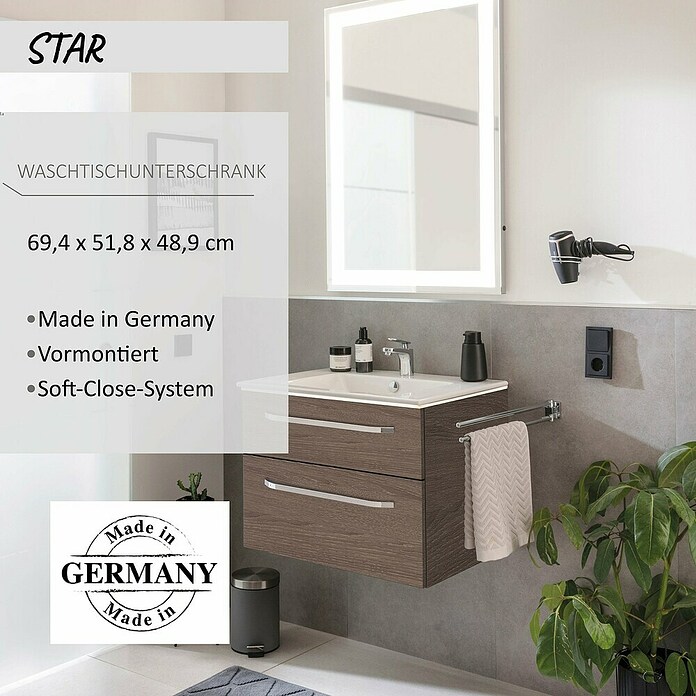 Camargue Star Waschtischunterschrank (47 x 70 x 52 cm, Mit Beleuchtung, Eiche Maron, Matt)