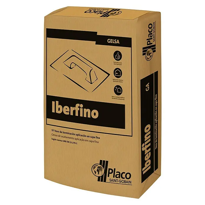 Placo Saint-Gobain Yeso de enlucido fino Iberfino GA - 17 kg - Paquete de yeso fino Iberfino Gelsa de Placo Saint-Gobain con información del producto y detalles de aplicación.