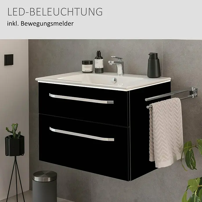 Camargue Star Waschtischunterschrank - 70 x 49 x 53 cm, Schwarz, Mit Beleuchtung - Schwarzer Waschtischunterschrank mit weißem Keramikbecken, Chromgriffen, Handtuchhalter, LED-Beleuchtung und Bewegungsmelder.