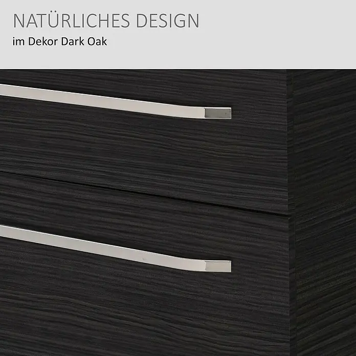 Camargue Star Waschtischunterschrank - 69,4 x 48,9 x 51,8 cm, Dark Oak, Ohne Beleuchtung - Möbelstück im Dekor Dark Oak mit natürlicher Holzmaserung und zwei schlanken, silbernen Griffen.