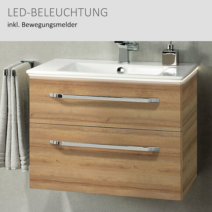 Camargue Star Waschtischunterschrank (47 x 70 x 52 cm, Mit Beleuchtung, Berg Eiche, Matt)